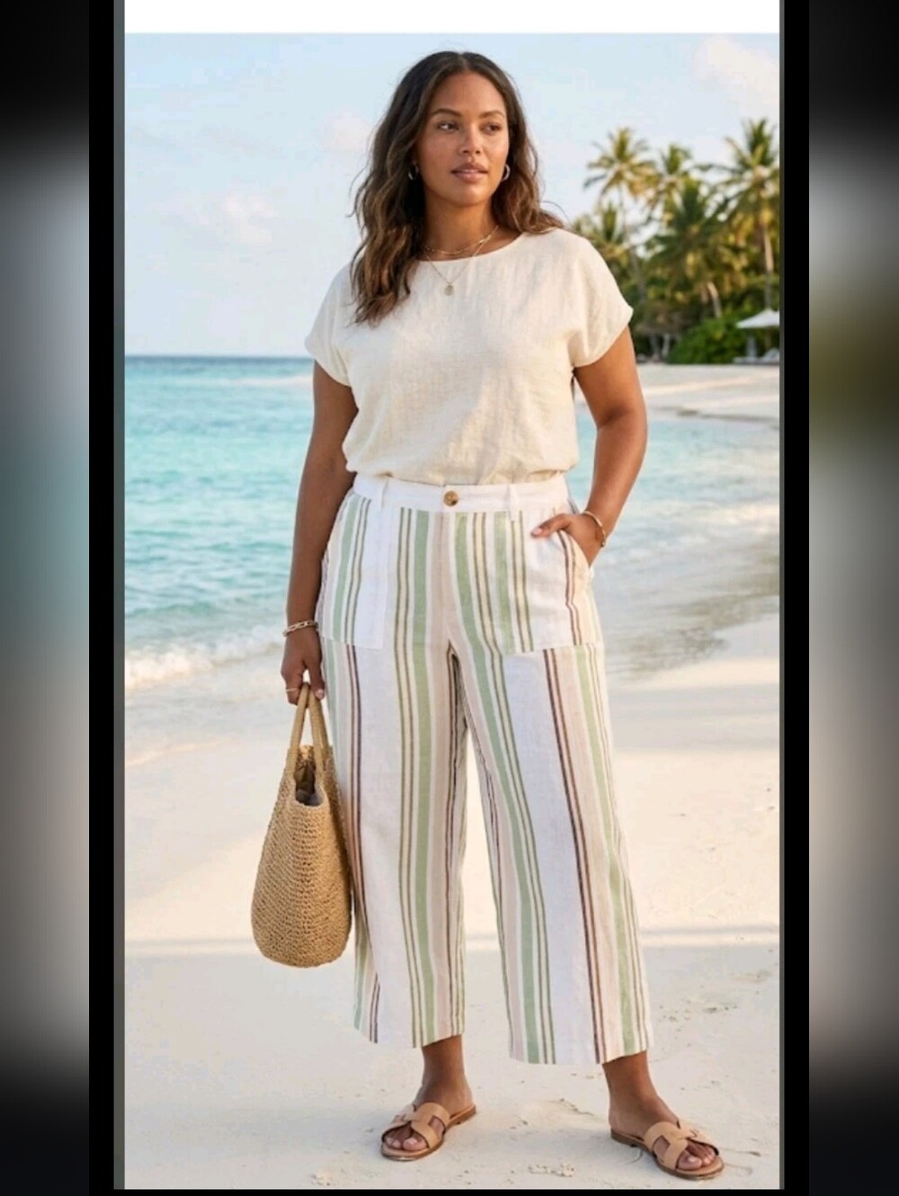 NWT Rip Curl Summer Breeze Linen Blend Ankle Pants L Wide Leg Coastal Resort #25